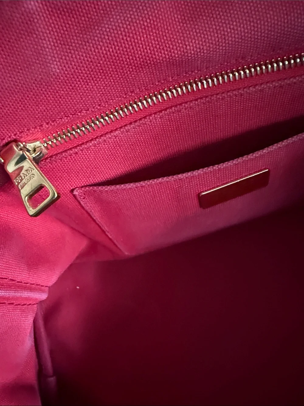 Prada Canapa Pink-Red Canvas Tote with Gold Hardware - Picture 10 of 16
